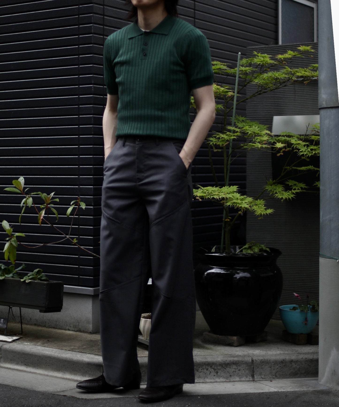 【aimoha Men's 】ストライプシルエット　冷感半袖ニットポロシャツ