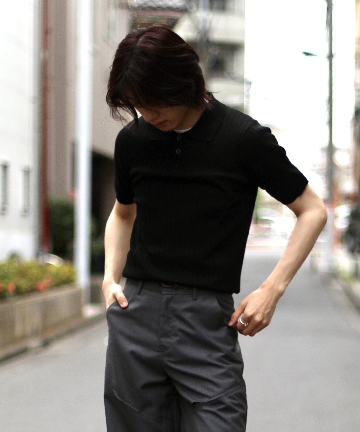【aimoha Men's 】ストライプシルエット　冷感半袖ニットポロシャツ