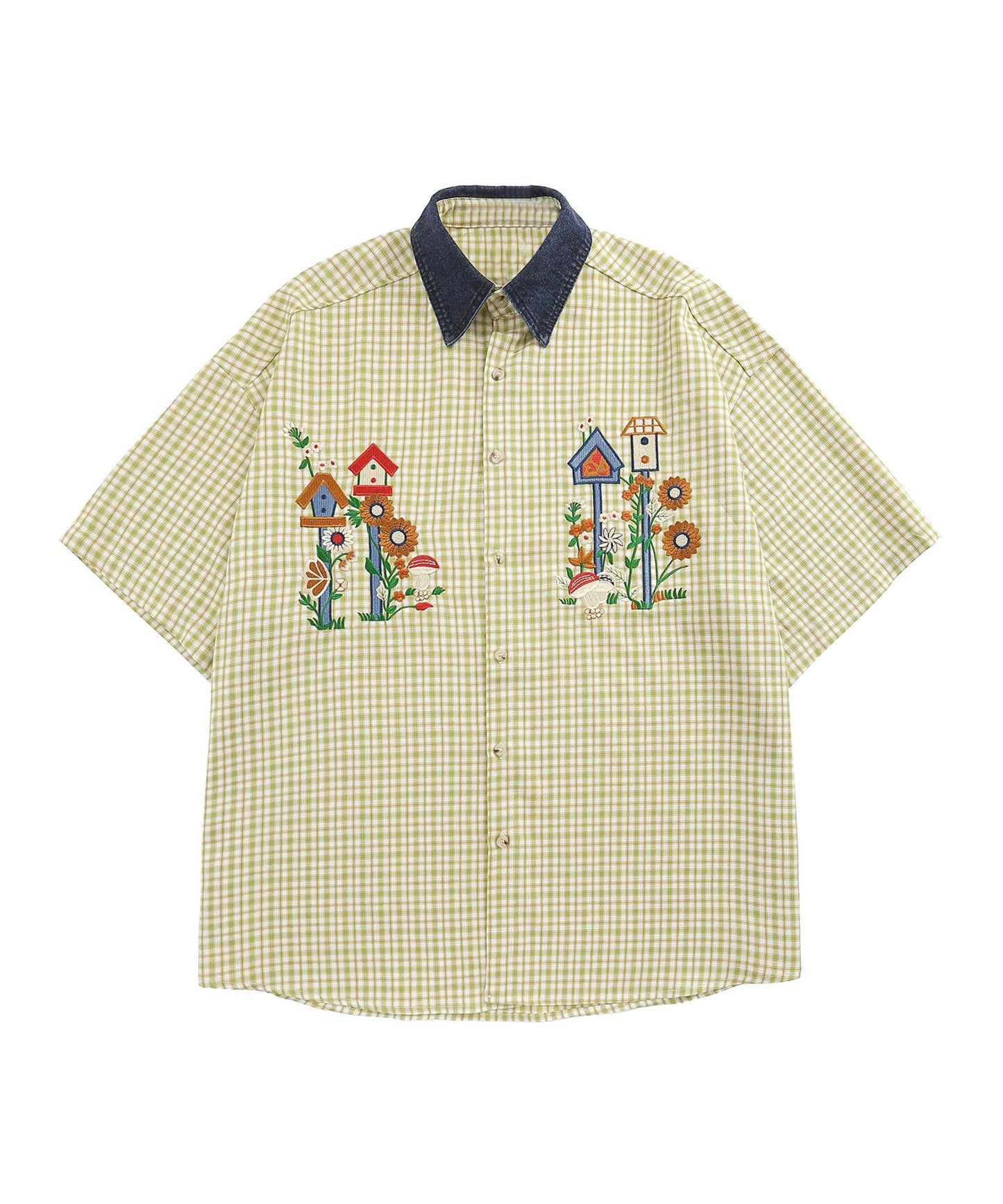 【HOOK】レトロ調刺繍入りチェック柄半袖シャツ