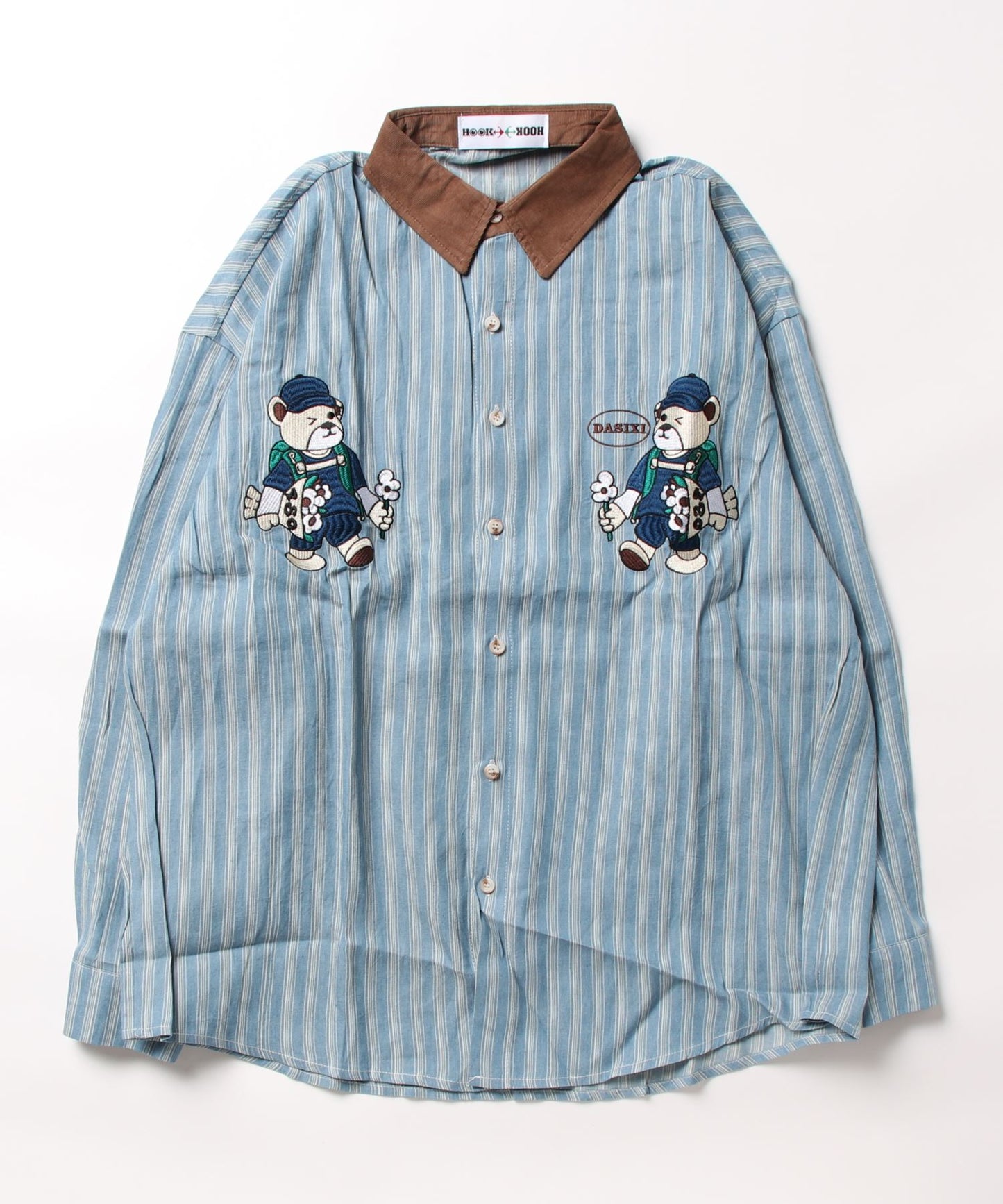 【HOOK】レトロ調ベア刺繍ストライプ長袖シャツ