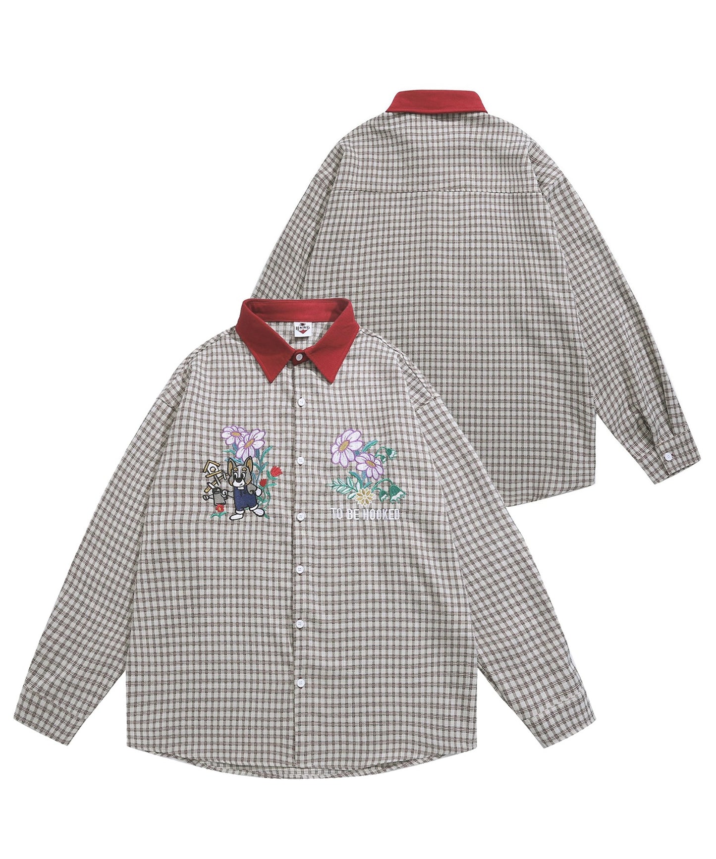 [HOOK -original-] Retro style cute dog embroidery check pattern long sleeve shirt