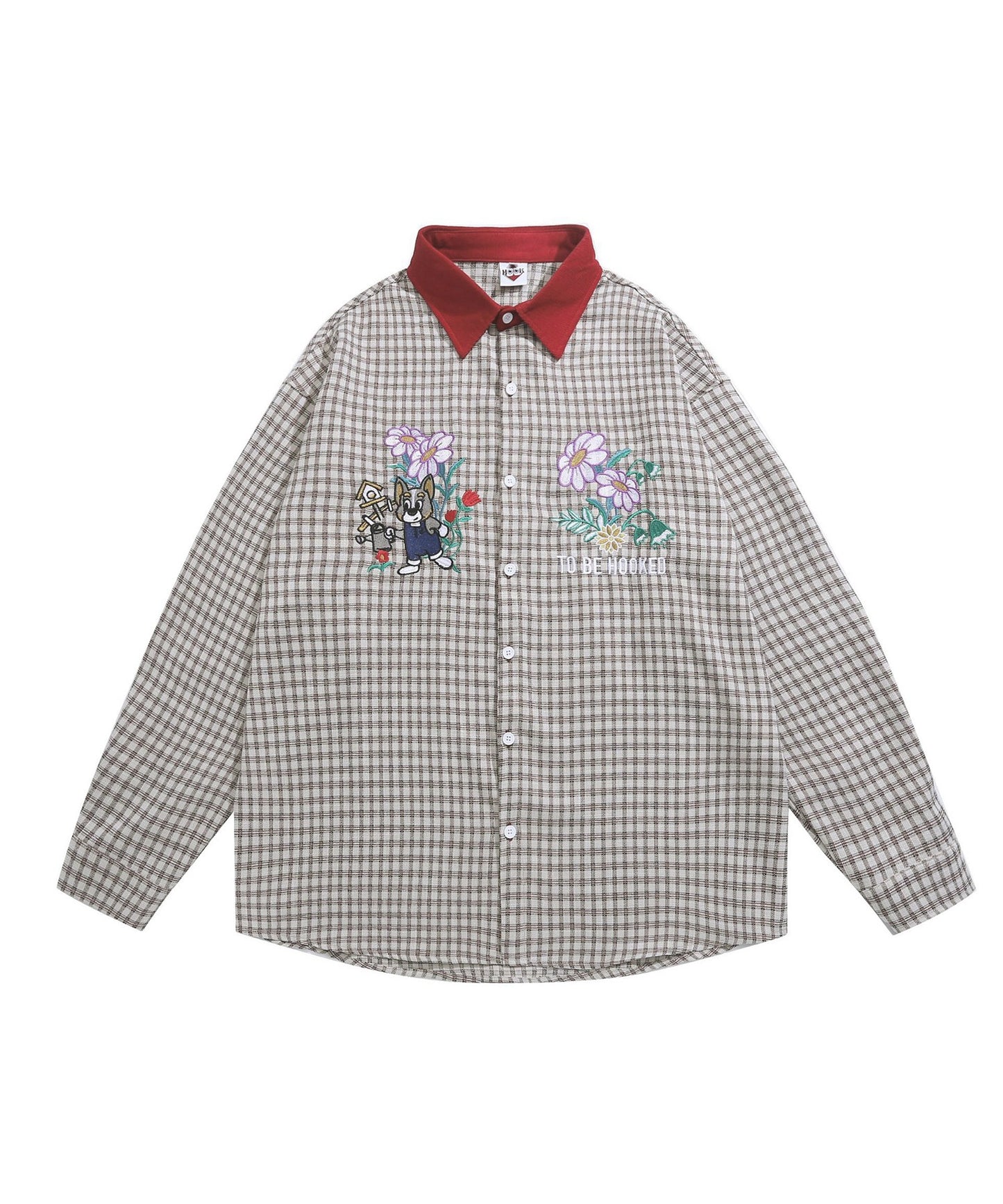 [HOOK -original-] Retro style cute dog embroidery check pattern long sleeve shirt