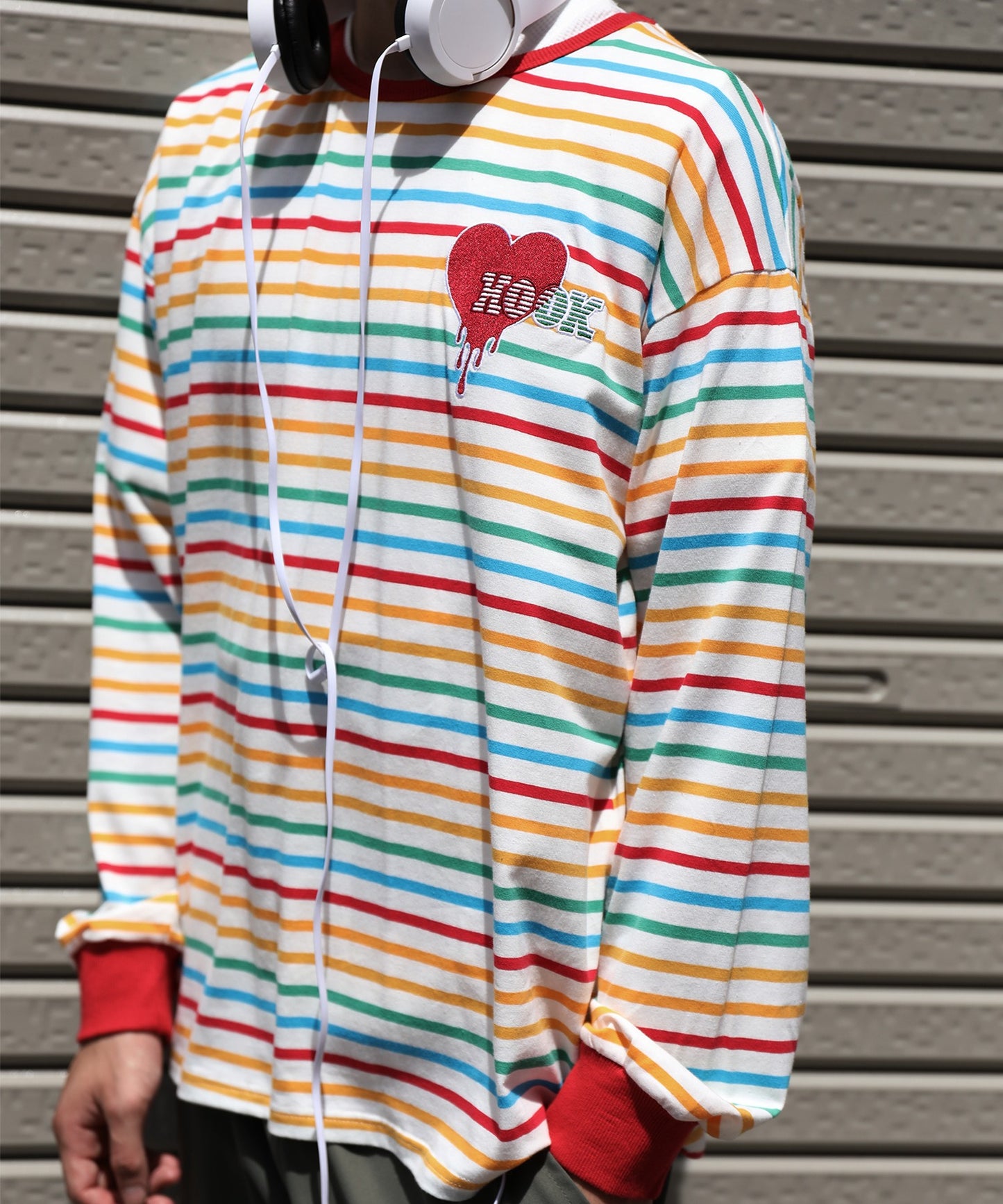 【HOOK -original- 】溶けるハート刺繍カラフルボーダー長袖tシャツ