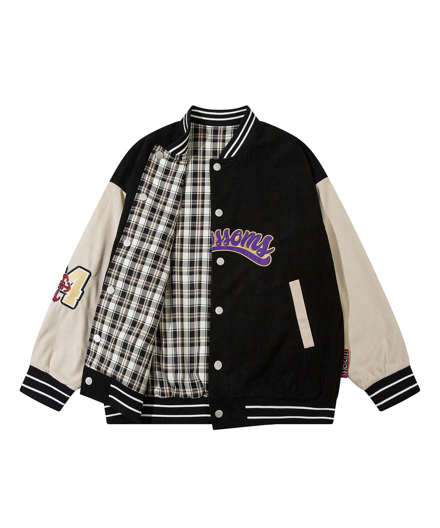 [HOOK -original-] Pop print reversible corduroy check patch embroidered stadium jacket