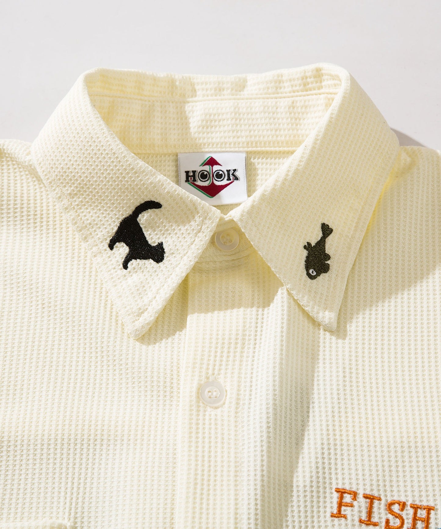 【HOOK -original-】釣りネコ総刺繍ワッフル生地オーバーシャツ