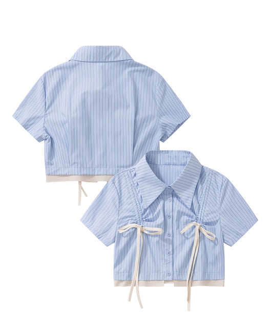 【HOOK】for girls 　裾切りっぱなしレイヤード風紐シャーリング半袖ブラウス