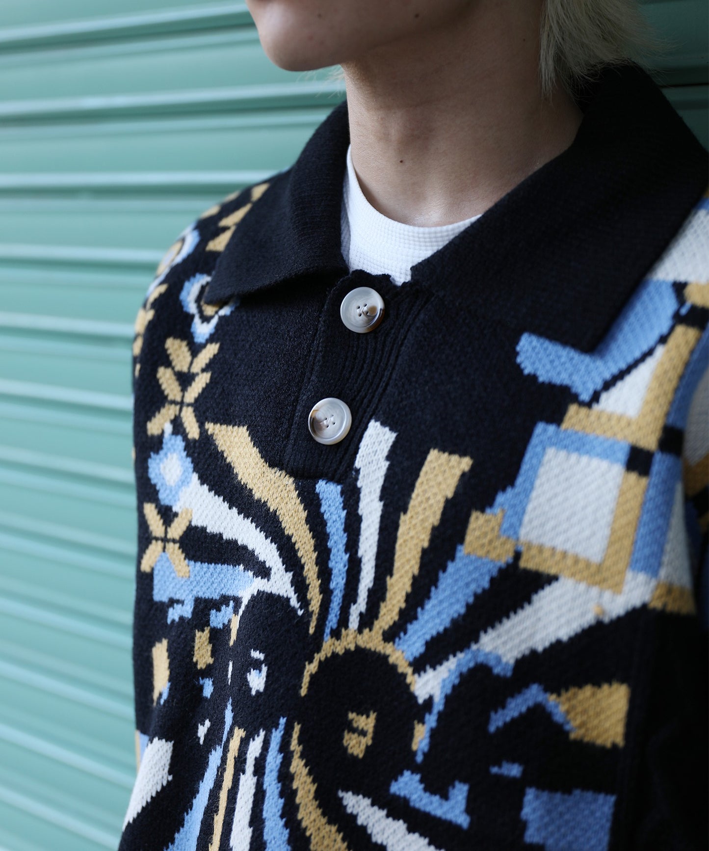 [HOOK -original-] Vintage clothing style retro patchwork pattern polo collar knit