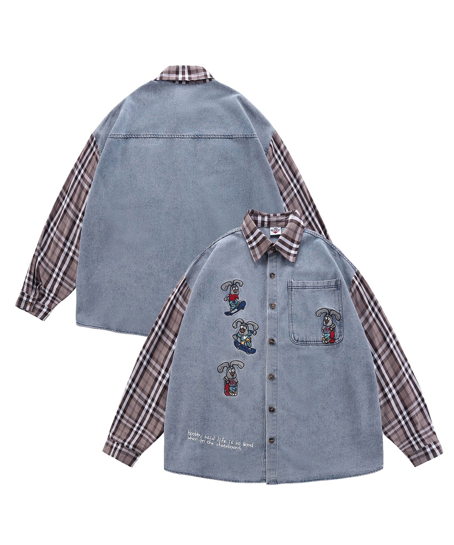 【HOOK -original- 】古着風アメカジ キャラクター刺繍袖チェック柄切り替えデニムシャツ