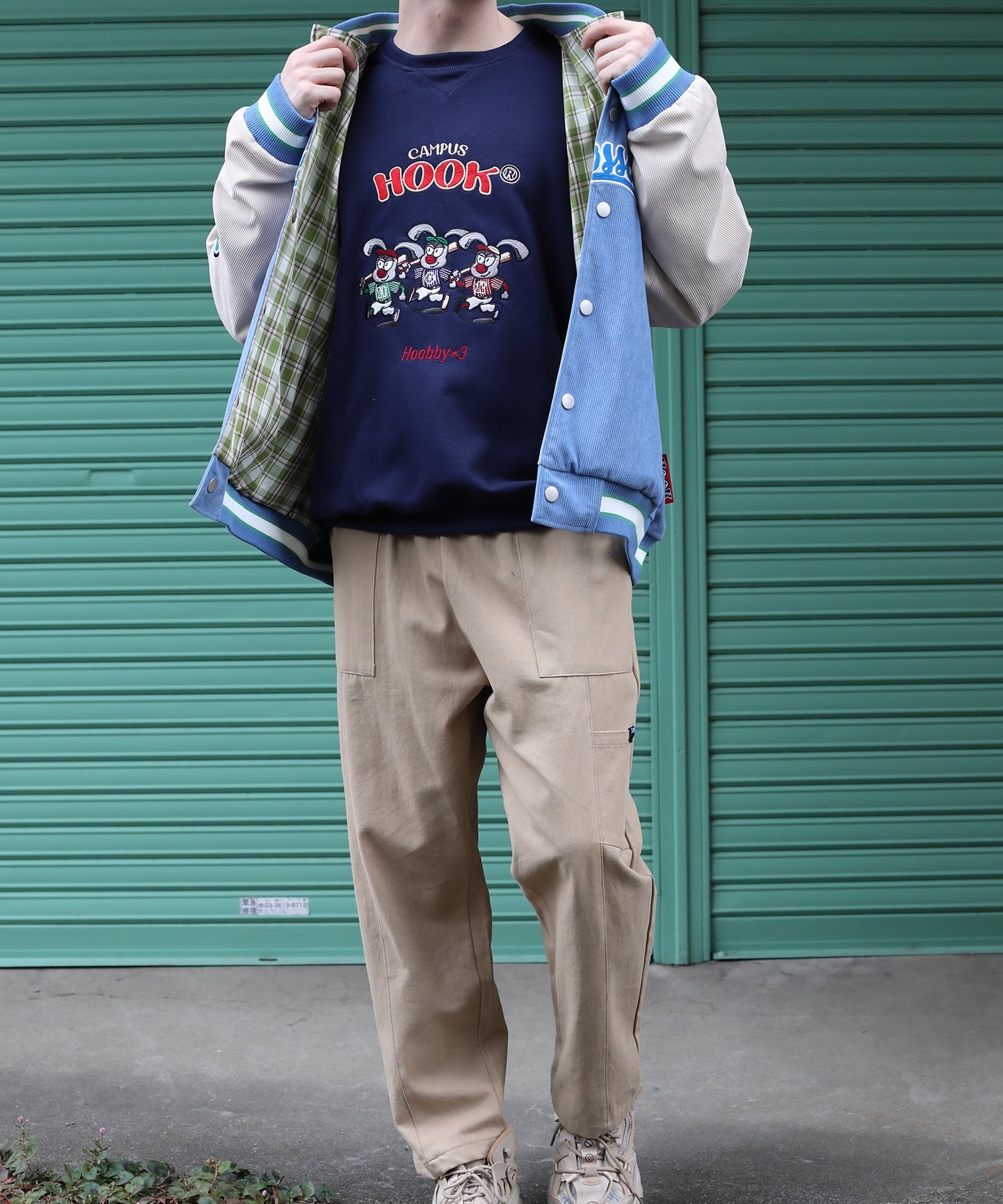 【HOOK -original-】アメカジカートゥーンキャラクター刺繍袖配色スウェット