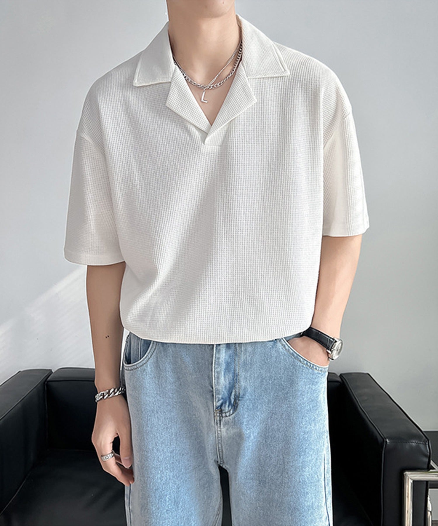 韓国系ワッフルオープンカラーポロシャツ – aimoha