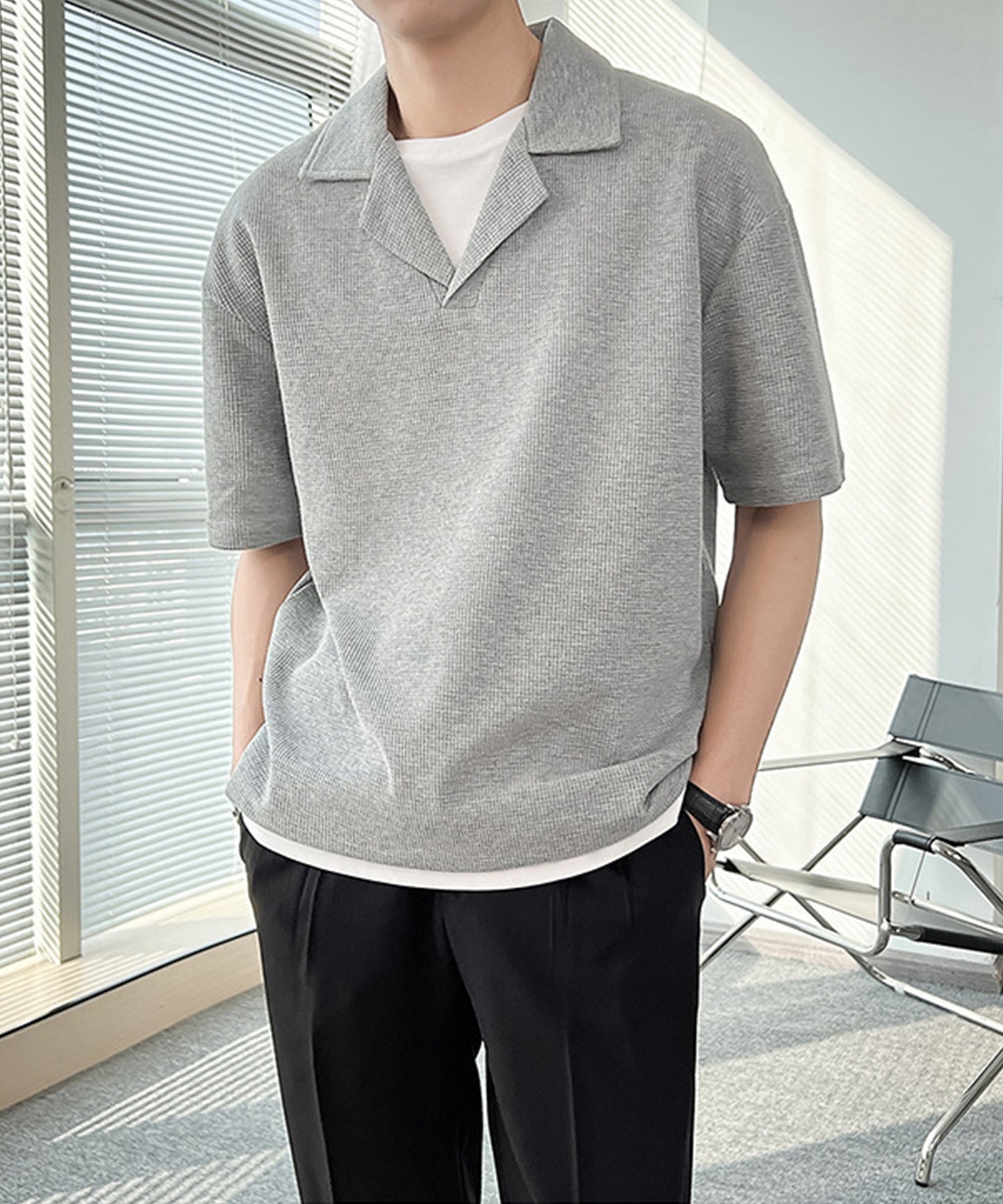【aimoha Men's 】韓国系ワッフルオープンカラーポロシャツ