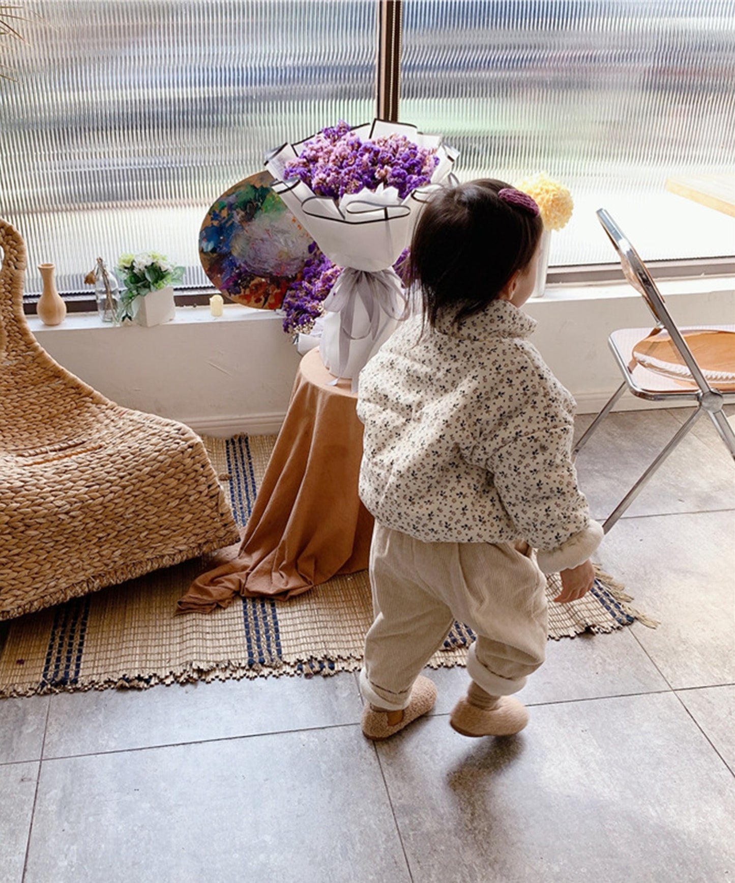 【aimoha-KIDS-】韓国子供服 マフラー付き小花柄中綿ジャケット