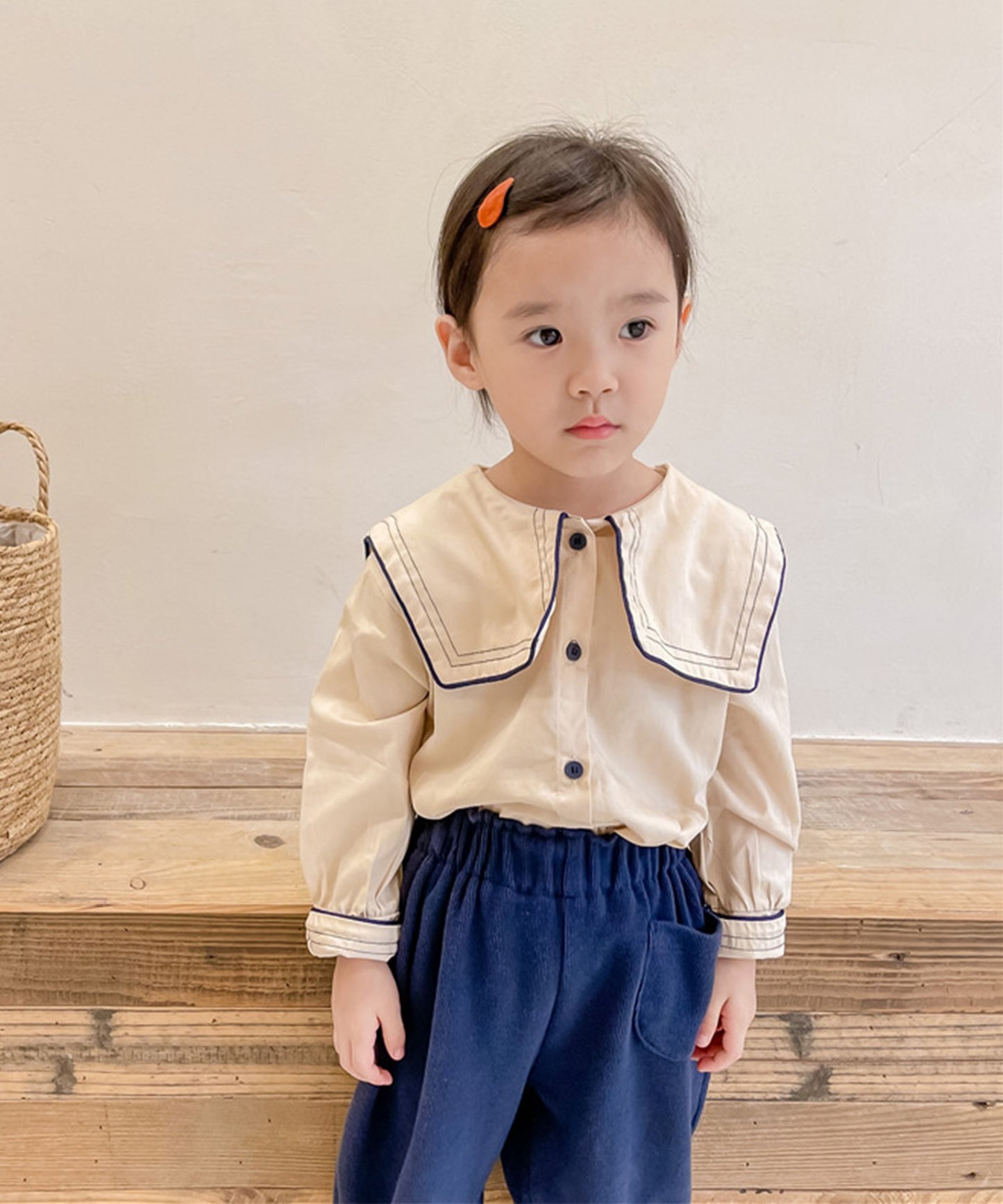 【aimoha-KIDS-】【新作】韓国子供服 かわいいセーラー服風ビッグカラーブラウス