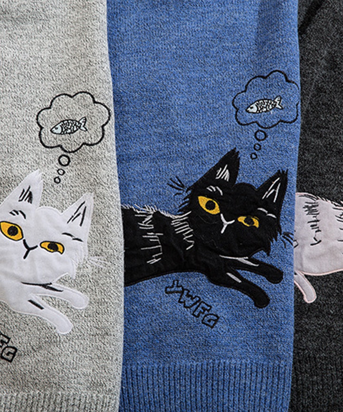 【HOOK】個性派・かわいい猫とサカナ刺繍ニットセーター