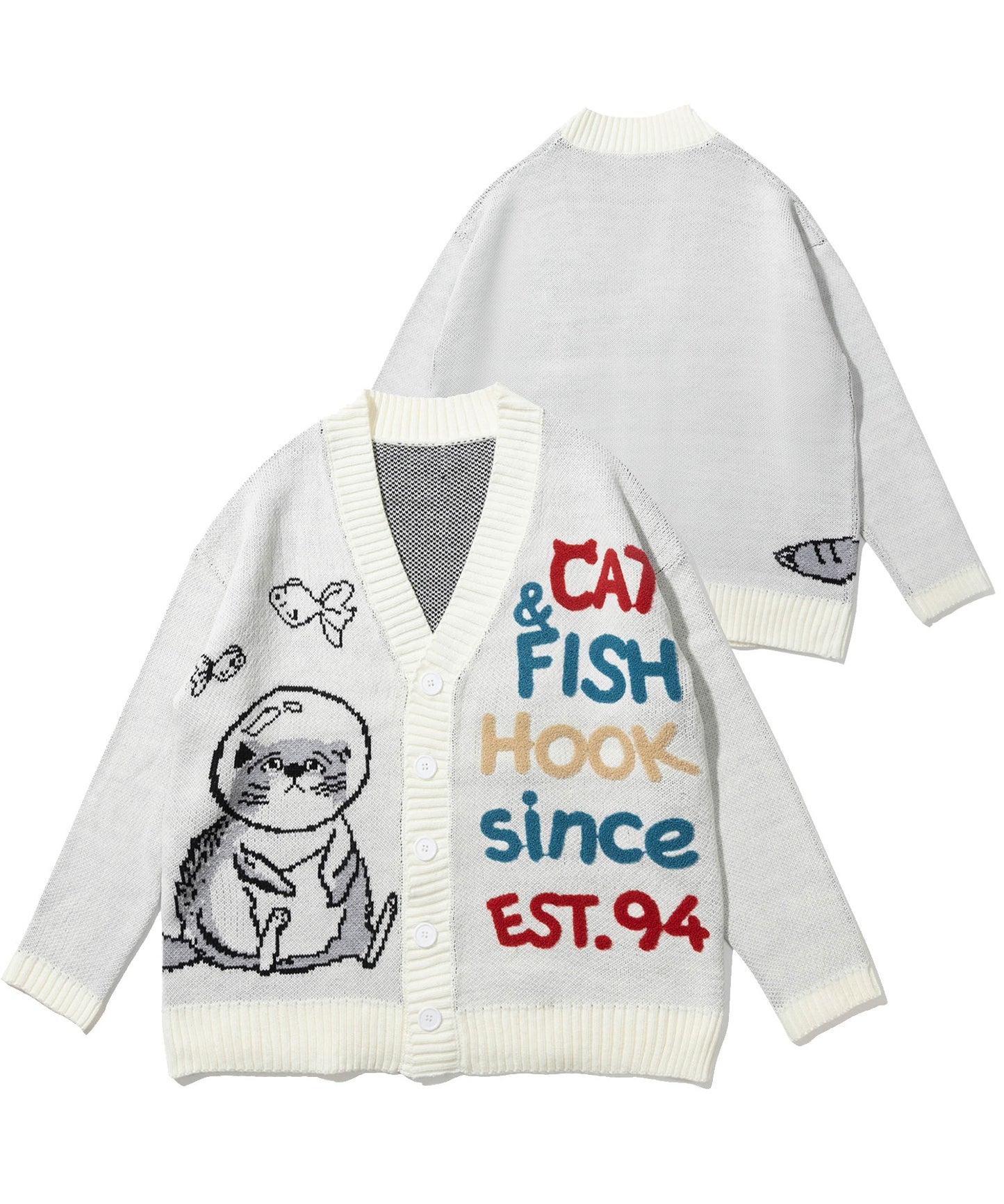 【HOOK -original-】 激かわ「CAT＆FISH」英字刺繍猫イラストカーディガン