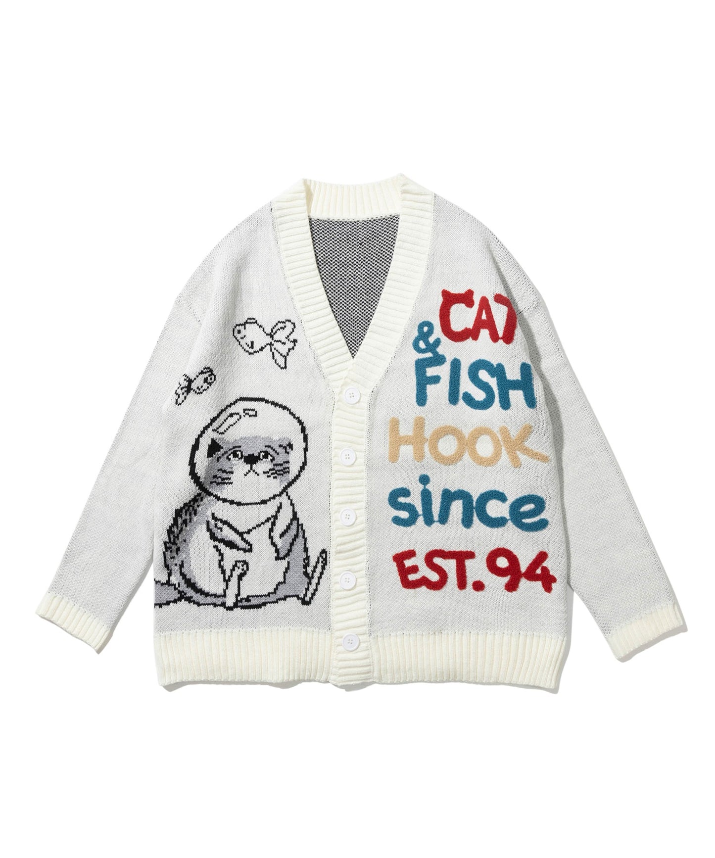 【HOOK -original-】 激かわ「CAT＆FISH」英字刺繍猫イラストカーディガン