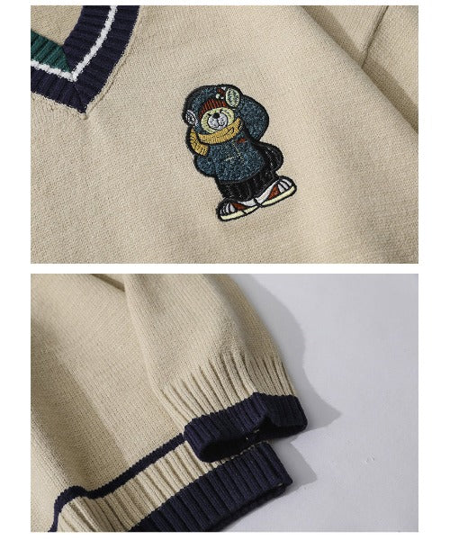 【HOOK】クマ刺繍ワッペン vネック薄手ニット・セーター