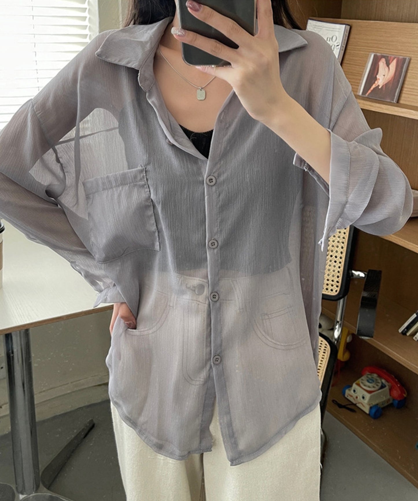 【Jasmine】シアー素材涼しげシースルー長袖シャツ